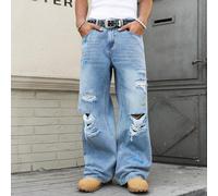 Jeans da uomo vintage lavati, con effetto vissuto, asimmetrici, con macchie di vernice, gamba dritta e ampia L,M,S,XL,XSRetroDenim