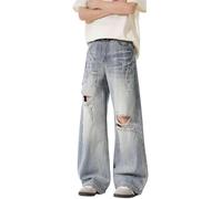 Jeans da Uomo Y2K retrò Strappati A Vita Alta Gamba Larga Moda Tendenza di Strada Punk Gotico Casual Allentato da Skateboard All'aperto Jeans Dritti (Blu,L)