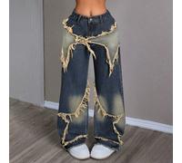 Jeans di moda con toppe a stelle colorate a contrasto e frange 26,27,28,30,32Blocchi di colore,Colore unico,stampa dappertuttoDenim