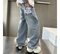 Jeans diritti e larghi da ragazzo, lavaggio chiaro, effetto vissuto, con patchwork, casual e versatili, con tasche multiple e stampe, adatti per bambini più grandi 14Y,11Y,12Y,13Y,15YGraficoDenim