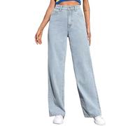 Jeans Donna Gamba Dritta - Jeans Estivi Donna Pantaloni da Donna alla Moda Larghi con Bottoni Tasche lavati Lucidi con Vita Strappata