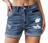 Jeans Donna - Jeans da Donna Taglie Forti Pantaloncini di Jeans con Strass da Donna a Vita Media con Orlo strappato Pantaloncini di Jeans Elasticizzati con Tasche