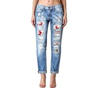 Jeans Donna Natale Denim Vita Media con Patch Elfi e Neve | Patch Renna e Neve, Vita Media, Taglio Dritto, Denim Resistente