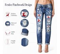 Jeans Donna Natale Denim Vita Media con Patch Elfi e Neve | Patch Renna e Neve, Vita Media, Taglio Dritto, Denim Resistente