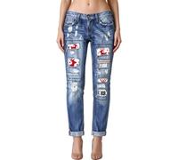 Jeans Donna Natale Denim Vita Media con Patch Elfi e Neve | Patch Renna e Neve, Vita Media, Taglio Dritto, Denim Resistente