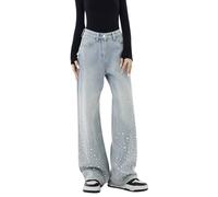 Jeans Donna Pantaloni - Pantaloni Donna Elasticizzati Jeans pieni di Diamanti Caldi Donna Pantaloni Dritti Larghi Pantaloni Slim di Tendenza retrò con Temperamento di Moda all'inizio della Primavera