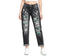 Jeans Donna Strappati Patch Natale Fiocchi Verde Diritto Lavato Lunghezza | Denim Lavato, Patch Natalizie Fiocchi Verdi, Taglio Dritto, Orlo Arrotolato, Stile Street