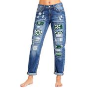 Jeans Donna Strappati Patch Natale Fiocchi Verde Diritto Lavato Lunghezza | Denim Lavato, Patch Natalizie Fiocchi Verdi, Taglio Dritto, Orlo Arrotolato, Stile Street