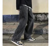 Jeans drappeggiati in tinta unita da uomo alla moda Pantaloni larghi dritti coreani vintage High Street Hip-hop Y2K Pantaloni casual a gamba larga trascinanti quotidiani