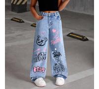 Jeans dritti casual stile Y2K da ragazza, con stampa graffiti vintage lavati, versatili e alla moda, adatti a vari stili, stampa carina, adatti per tutte le stagioni 8Y,9Y,10Y,11Y,12YFumetto,LettereDe