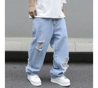 Jeans dritti con strappi e orli sfrangiati, jeans cargo ampi e lunghi in lavaggio chiaro blu per uomo, regalo per marito o ragazzo 2XL,3XL,4XL,5XL,6XLColore unicoDenim