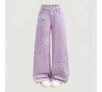 Jeans dritti con vestibilità morbida e gamba larga per ragazze pre-adolescenti, con cuori ricamati e effetto vissuto, in stile Y2K, adatti per la scuola, il tempo libero, le vacanze, con fiori 3D, ide