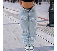 Jeans dritti da donna con stile fashion europeo e americano, adatto per il tempo libero e le vacanze, con toppe decorative e ricami, popolare per lo stile casual L,M,S,XLGeometrico,Colore unicoDenim