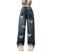 Jeans dritti da ragazza, New Spring Summer and Autumn Styles for Middle and Large Children Retro Ripped Love Wide Leg Pants Trendy Loose Casual Pantaloni per neonati, taglia 68, Blu, 9-10 Jahre