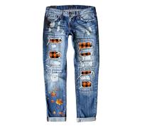Jeans Estivi Donna Leggeri - Jeans da Donna Taglie Forti Pantaloni Dritti con Toppa Stampata a Quadretti Rossi d' a Vita Media da Donna Europea e