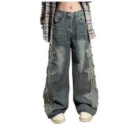 Jeans Gamba Larga Donna - Jeans Estivi Donna Leggeri Jeans da Donna con Toppa Vecchia Stella Lavata in Mucca Pantaloni trascinanti a Gamba Larga drappeggiati a Vita Media