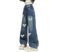 Jeans impilati per bambini e bambine, a vita alta, con applicazione a forma di cuore, jeans a molla lunghi fino al pavimento, jeans carini per bambini