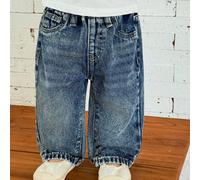 Jeans in denim blu ampi e morbidi con vita elastica, tasche e effetto vissuto, per bambino, casual e versatili, adatti per abbigliamento quotidiano, costumi, uso interno/esterno e streetwear per bambi