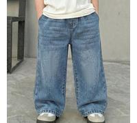 Jeans in denim blu larghi e dritti, stile casual Y2K vintage cool street academy, semplici e comodi, per ragazzi tween, adatti per uso quotidiano, primavera-estate, rave, festival e streetwear 7Y,8Y,9