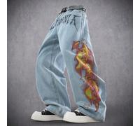 Jeans in denim blu slavato, vestibilità dritta e morbida, con stampa grafica e slogan, stile casual da strada per la primavera/estate L,M,S,XL,XSGeometrico,Grafico,LettereDenim