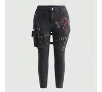 Jeans in stile gotico oversize con tasche cargo asimmetriche, cinturini incrociati, ali d'angelo con strass e effetto vissuto, pantaloni casual lunghi da strada per l'autunno/inverno oversize 1XL,2XL,