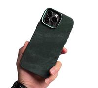 Jeans in tessuto denim scamosciato felpato compatibile con custodia per iPhone (verde scuro, iPhone 16 Pro)
