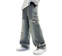 Jeans Invernali Ragazzo, Jeans Larghi da Ragazzo, a Gamba Dritta, con Tasche, Elastico in Vita, Pantaloni in Denim Strappati e rovinati con Buchi.