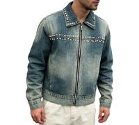 Jeans Jacket for Men Casual Denim Jacket Studded Zip Up Jean Coat Spring Fall Streetwear Outerwear Blue X Large