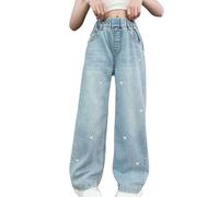 Jeans larghi a gamba larga per ragazze con bottoni elasticizzati a lunghezza intera pantaloni dritti con tasche Pantaloni oversize in denim per bambini con stampa a cuore allentato elastico a vita