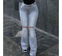 Jeans larghi casual da donna versatili semplici di base, stile American, strappati e con elasticità L,M,S,XLColore unicoDenim