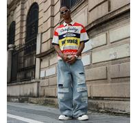 Jeans larghi con gamba ampia, stile casual da strada, adatti per tutte le stagioni, con effetto consumato e toppe, colore blu chiaro, vestibilità morbida per uomo L,M,S,XL,XXLColore unicoDenim