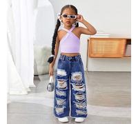 Jeans larghi con tasche stile Y2K per ragazze, denim strappato e ampio, casual per vacanze, stile boho country, adatto per spiaggia, stile western, street wear per ragazze, primavera-estate, spring br