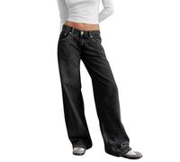 Jeans larghi da donna a vita bassa alla moda elastico fidanzato jeans larghi casual jeans a vita bassa gamba dritta boyfriend jeans pantaloni in denim, Nero , L