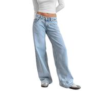 Jeans larghi da donna a vita bassa alla moda elastico fidanzato jeans larghi casual jeans a vita bassa gamba dritta boyfriend jeans pantaloni in denim, Azzurro, L