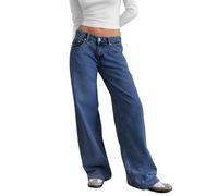 Jeans larghi da donna a vita bassa alla moda elastico fidanzato jeans larghi casual jeans a vita bassa gamba dritta boyfriend jeans pantaloni in denim, Blu scuro, L