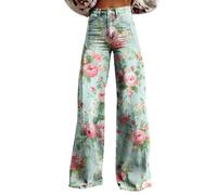 Jeans larghi da donna, alla moda, alla moda, per il tempo libero | Jeans larghi con motivo rosa menta, a vita alta, eleganti pantaloni palazzo da donna, pantaloni alla moda per il tempo libero