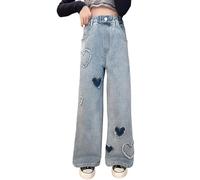 Jeans larghi da ragazza a gamba larga con bottoni elasticizzati pantaloni dritti con tasche in denim per adolescenti pantaloni oversize con stampa a cuore per bambini pantaloni larghi elastici a vita