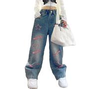 Jeans larghi da ragazza, a gamba larga, con elastico a vita alta, elasticizzati, svasati, pantaloni lunghi, stile cargo, Y2K, alla moda, hip hop, per bambini/adolescenti, Blu, 9-10 Anni
