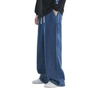 Jeans larghi da uomo, stile hip hop, a gamba larga, stile skater, casual, in denim, traspirante, con elastico in vita, pantaloni da skateboard e streetwear con coulisse, Blu, M
