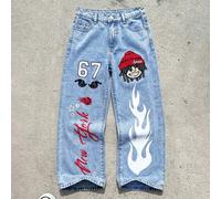 Jeans larghi e comodi con stampe colorate e bordi in denim, per ragazzi in stile casual Y2K, con sei o sette motivi audaci, adatti per abbigliamento quotidiano e outfit da festival e rave per bambini