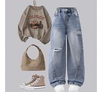 Jeans larghi e consumati per ragazze pre-adolescenti, in denim azzurro chiaro, stile Y2K, casual e comodi, adatti per la scuola, le uscite, le feste, i viaggi, la stagione back to school, nuova collez