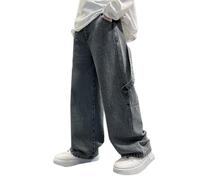 Jeans larghi per ragazzi, stile vintage, gamba dritta, in denim, a gamba larga, con elastico in vita, pantaloni in denim casual per bambini, Y2K, streetwear con tasche, 4-14 anni, Grigio, 15-16 Anni