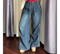 Jeans lunghi taglie forti con patchwork, vita elastica, gamba dritta ampia e effetto consumato, adatti per tutte le stagioni e la scuola 1XL,2XL,3XL,4XLColore unicoDenim