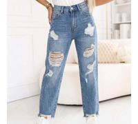 Jeans mom strappati, non elasticizzati, denim da donna, stile boyfriend, momfit, primavera/autunno, denim casual da tutti i giorni con tasche strappate e cerniera. Jeans da donna, strappati, stile boy