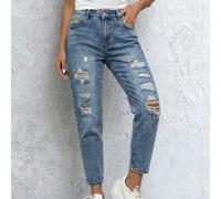 Jeans mom strappati, non elasticizzati, denim da donna, stile boyfriend, momfit, primavera/autunno, denim casual da tutti i giorni con tasche strappate e cerniera. Jeans da donna, strappati, stile boy