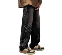 Jeans Neri Donna Donna primavera e autunno patch stella a cinque punte High Street Fashion retrò cardigan con cerniera dritta lavaggio allentato straccio jeans neutri larghi Pantaloni Neri (Black, XXL