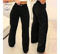Jeans neri lavati a gamba dritta morbida da donna, stile casual retrò da strada con decorazione a rivetti, adatti per la primavera L,M,S,XLColore unicoDenim