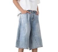 Jeans Pantaloncini da uomo a 3/4, pantaloni corti da baggy jorts Y2K, in denim, per ragazzi Hip Hop, a gamba larga, taglie forti, pantaloni cargo larghi, jeans in cotone, T005 Blu, XL
