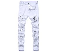 Jeans Pantaloni da Uomo in Denim Ginocchio Strappato Casual Slim Fit Sottili Elasticizzato Pantaloni Hip-Hop Ragazzo Chino Skinny Ripped Pantaloni Bianco Nero Rosso