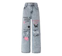 Jeans per Bambini - Jeans per Ragazze Pantaloni Larghi in Denim a Gamba Larga Vita Alta Elasticizzata Pantaloni con Fiocco Carini Casual Abbigliamento da Strada per Bambini (Blue 8-9 Years)